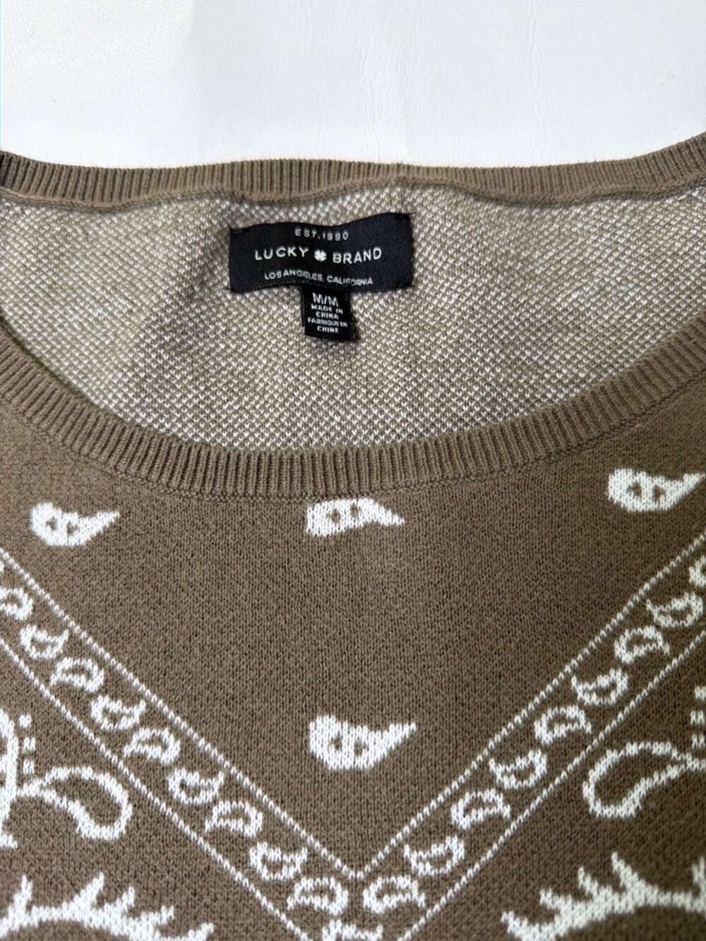 Lucky Brand Intarsia tie front sweater Bandana Olive Pullover Casual, Medium - Picture 2 of 7